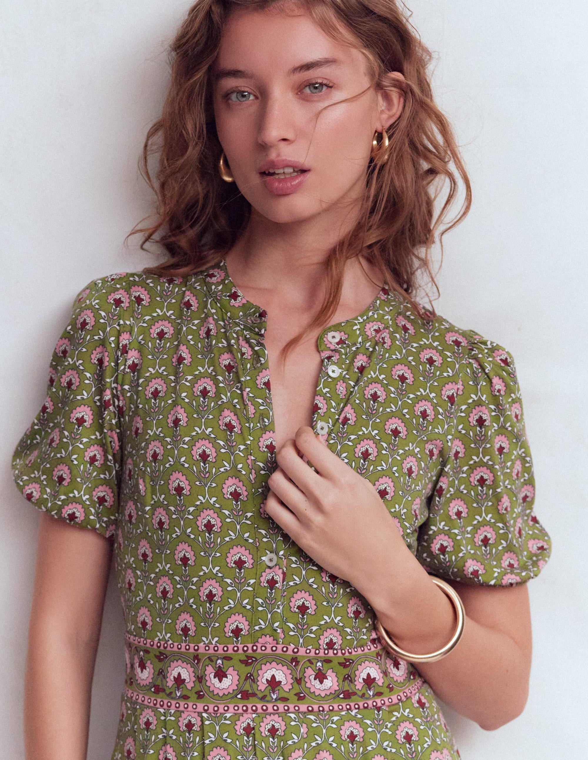 Amber Pleat Jersey Midi Dress-Olive, Flower Lattice