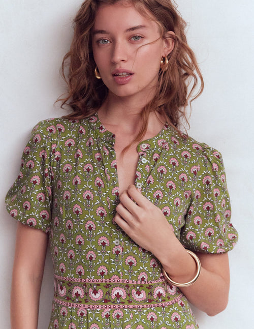 Amber Pleat Jersey Midi Dress-Olive, Flower Lattice