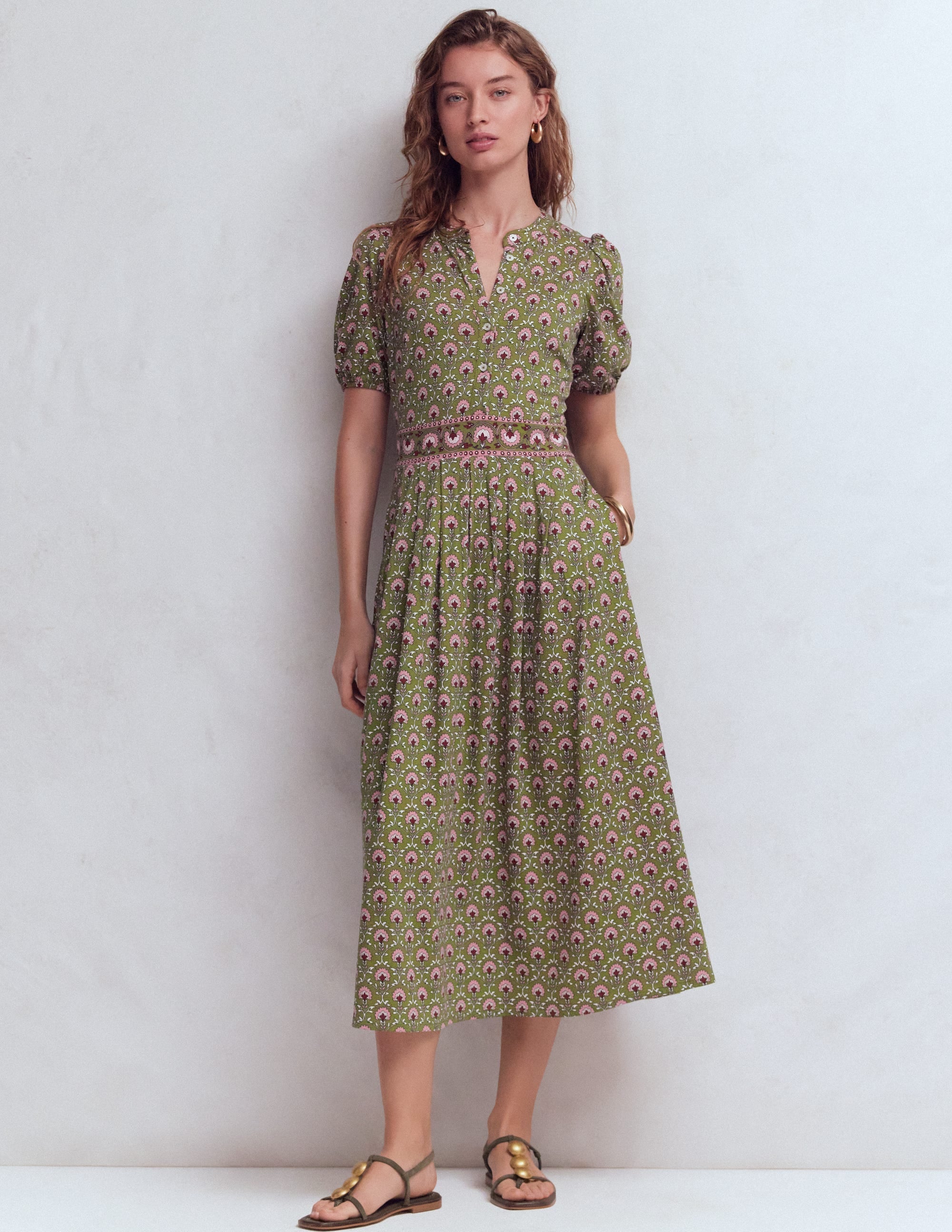 Amber Pleat Jersey Midi Dress-Olive, Flower Lattice