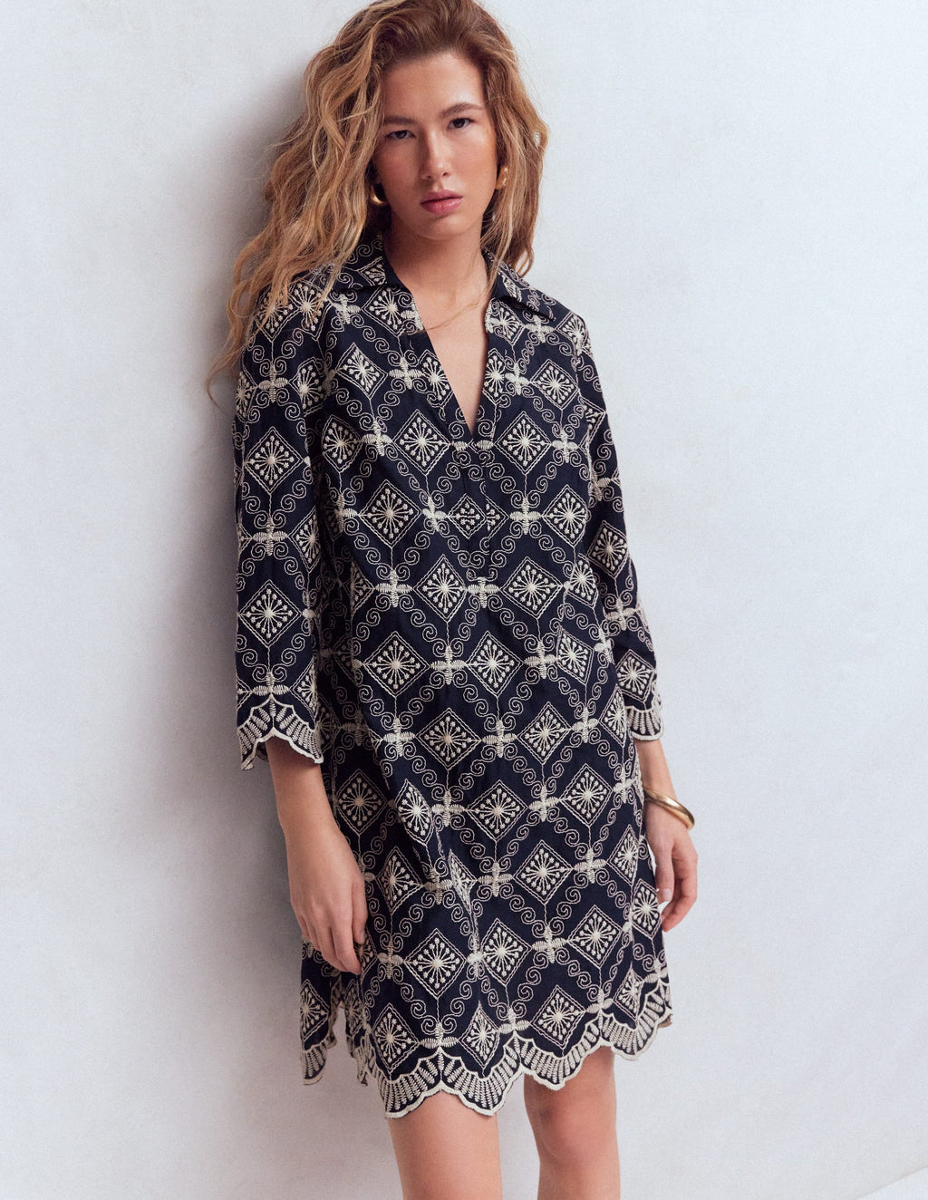 Carmen Broderie Short Dress-Navy Broderie