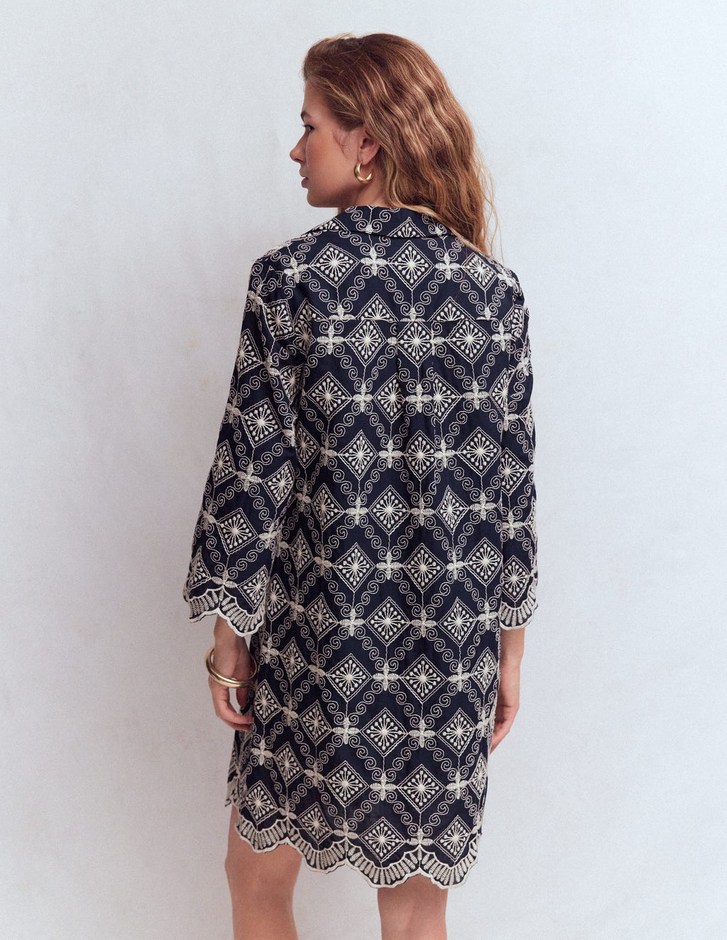 Carmen Broderie Short Dress-Navy Broderie