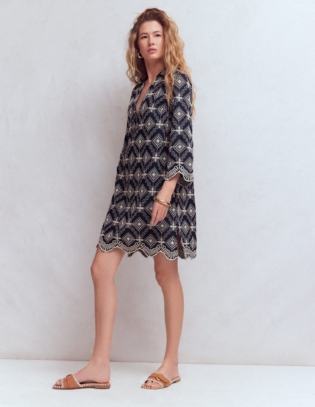 Carmen Broderie Short Dress-Navy Broderie